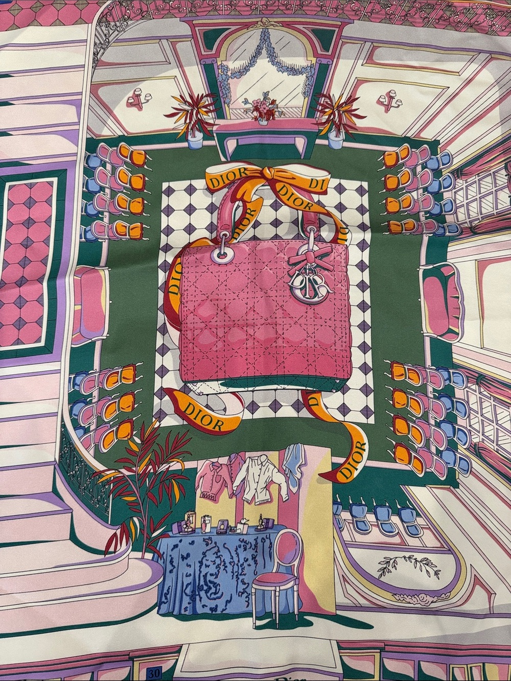 Dior Pink, Green and Yellow Illustrated Silk Scarf - Picture 2 of 9